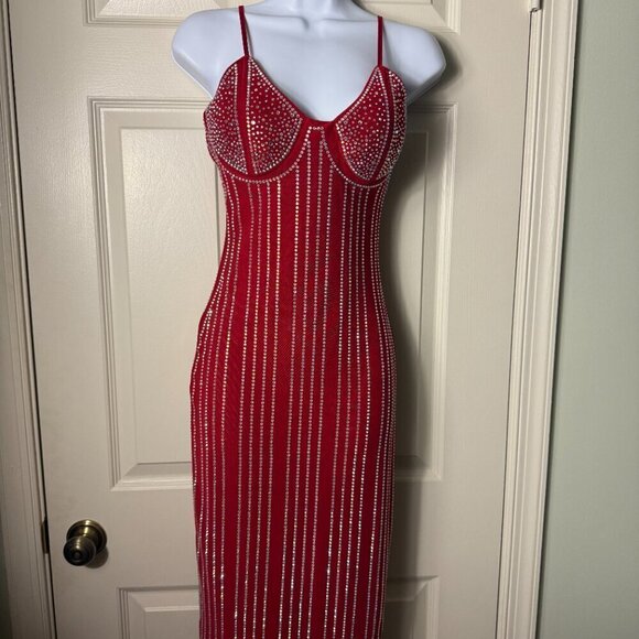 Akira Late Night Look Midi Rhinestone Mesh Dress - Red (XS) Brand New With Tags - Picture 3 of 11